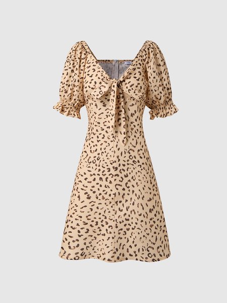

Elegant Regular Fit Leopard Weaving Dress, Apricot, Mini Dresses