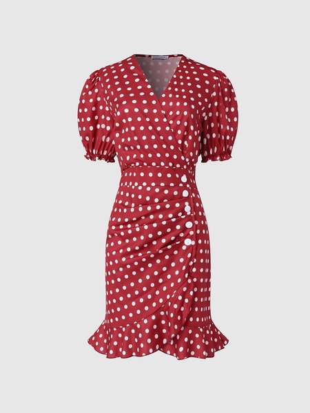 

Elegant V Neck Puff Sleeve Dress, Red, Mini Dresses