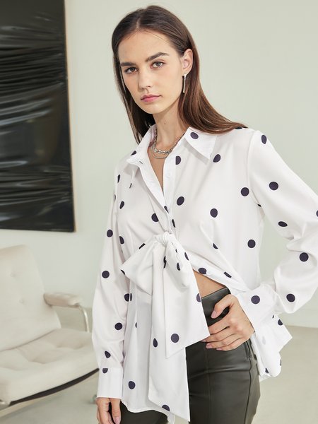 

Shirt Collar Long Sleeve Polka Dots Top, White, Blouses and Shirts