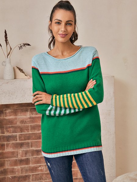 

Color-Block Long Sleeve Crew Neck Sweater, Green, Sweaters & Cardigans
