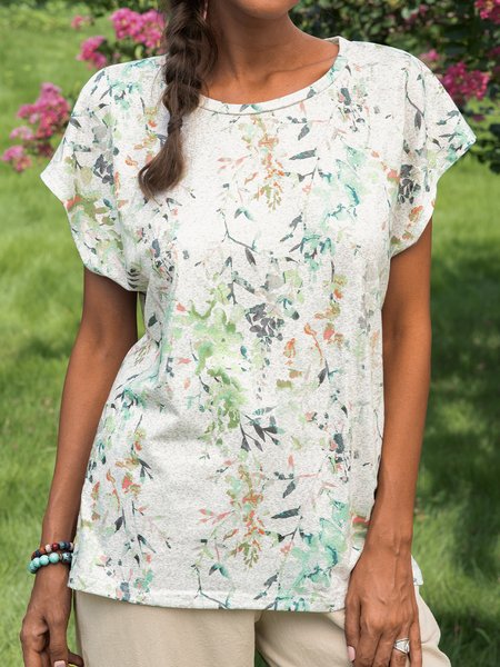 

JFN Round Neck Floral Causal T-Shirt/Tee, As picture, T-Shirts