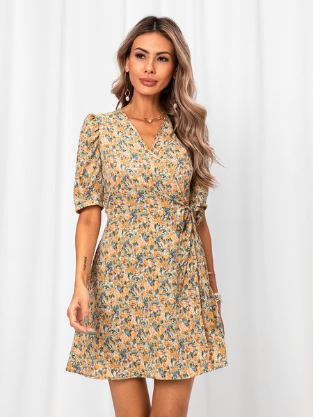 

Holiday Polyester Cotton V Neck Short Sleeve Weaving Dress, Yellow 1, Dresses