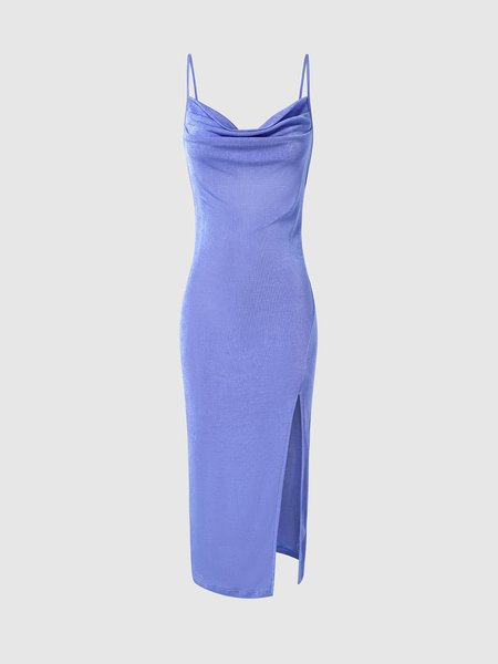 

Slit Spaghetti Fitted Dress, Blue, Maxi Dresses