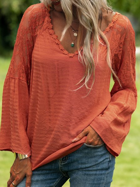 

long sleeve v neck shift casual shirts & tops, Brick red, Blouses & Shirts