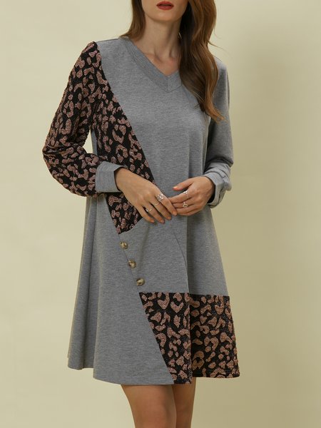 

V Neck Paneled Long Sleeve Leopard Dresses, Gray, Mini Dresses