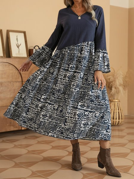 

Long Sleeve Cotton Casual V Neck Weaving Dress, Blue white, Maxi Dresses