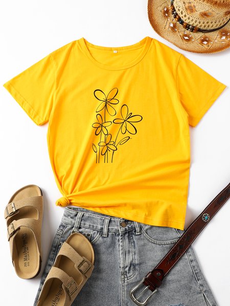 

Crew Neck Cotton Short Sleeve Tops, Yellow, T-Shirts