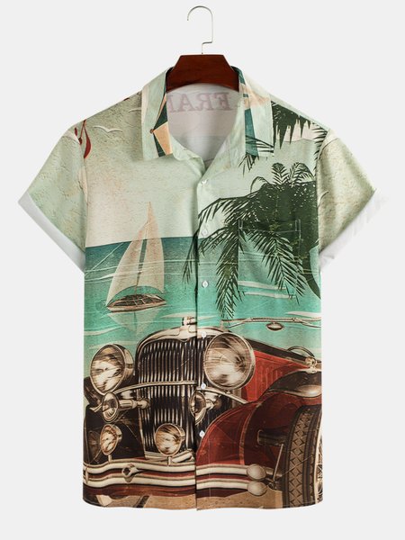 

Mens Retro Painting Print Casual Lapel Pocket Short Sleeve Hawaiian Shirts, Green, Shirts ＆ Blouse