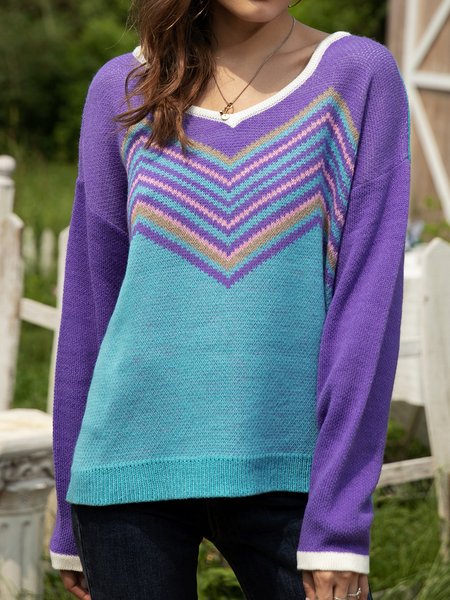 

Purple Exotic V Neck Long Sleeve Stripes Sweater, Sweaters & Cardigans