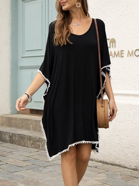 

Black Crew Neck Solid Boho Dress, Midi Dresses