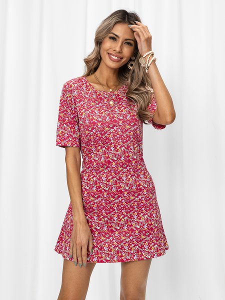 

Crew Neck A-Line Short Sleeve Weaving Dress, As picture, Dresses
