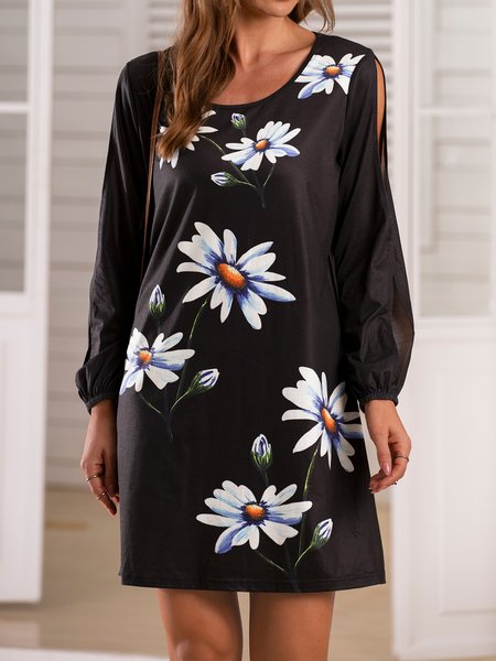 

Long Sleeve Printed Elegant Floral Weaving Dress, Black, Floral Dresses