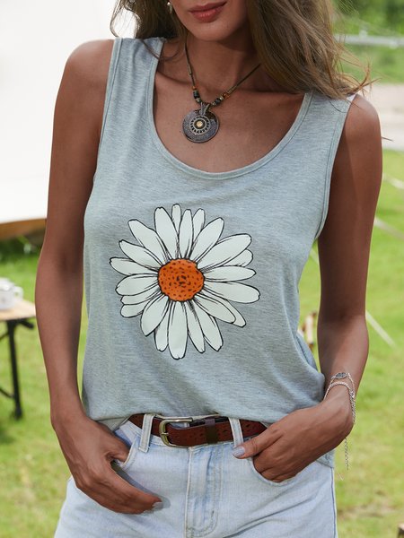 

Daisy Print Tank Top Crew Neck Sleeveless Tanks & Camis, Gray, Tanks & Camis