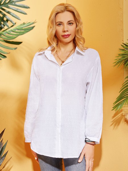 

Colletto a Camicia Dritto Cotone Maniche Lunghe Camicie & Top, Bianco, Blouses & Shirts