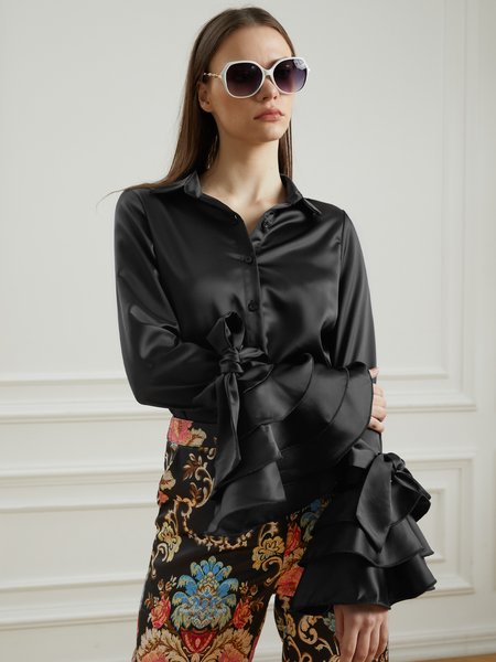 

Elegant Solid Shirt Collar Shirt, Black, Blouses and Shirts