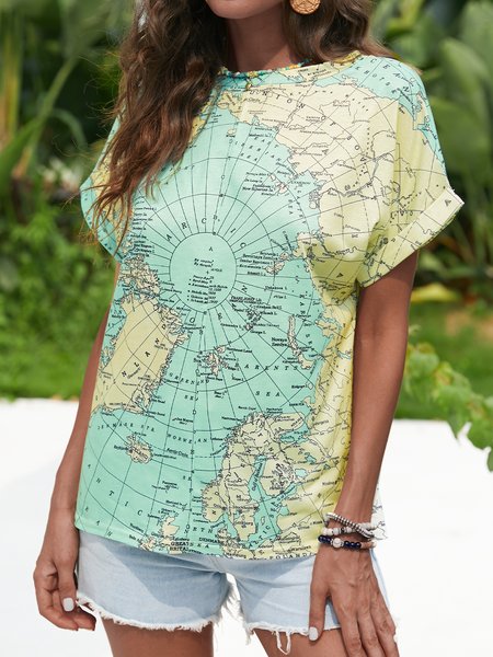 

Map Printed Cotton-Blend Casual Crew Neck T-shirt, Blue, T-Shirts