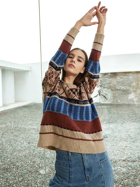 

Crew Neck Vintage Long Sleeve Sweater, As picture, Pullovers
