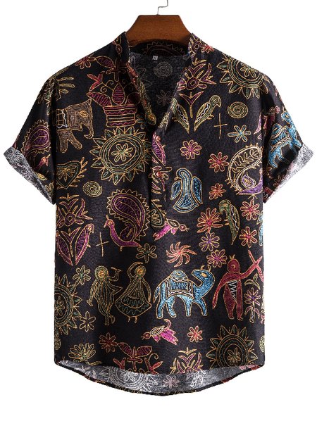 

Men's National Style Short Sleeve Casual Loose Shirt, Black, Men's Floral shirt