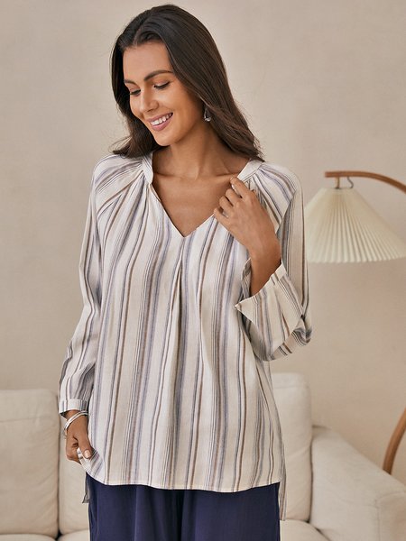 

Cotton-Blend Stripes Long Sleeve Blouse, Picture color, Shirts & Blouses