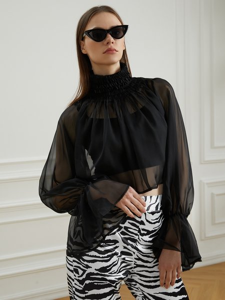

Long Sleeve Solid Lady Regular Fit Top, Black, Tops
