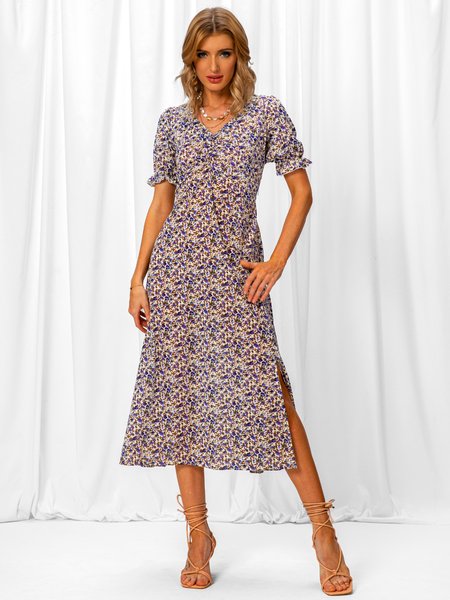 

Holiday A-Line Floral Short Sleeve Weaving Dress, Light purple, Dresses