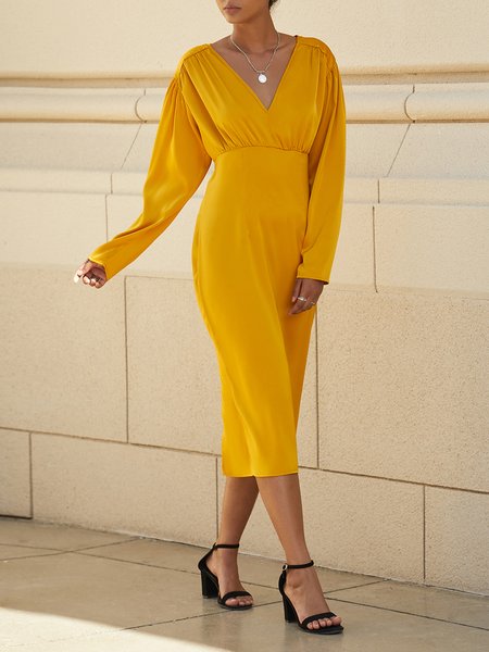 

Solid V Neck Sheath Lady Long Sleeve Midi Dress, Yellow, Midi Dresses