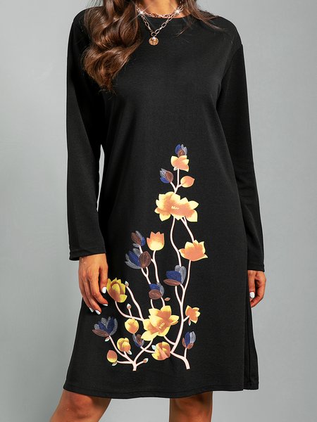 

Long Sleeve Floral-Print Weaving Dress, Black, Mini Dresses