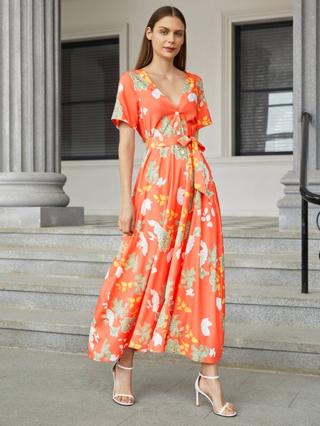 

Floral Short Sleeve Printed V Neck Dress, Orange, Dresses