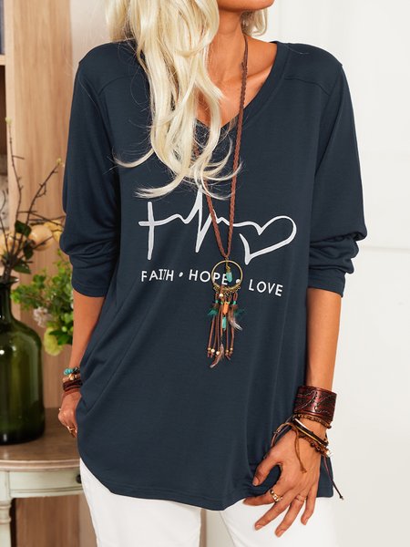 

Cotone Vintage Dritto Maniche Lunghe Top, Blu, T-Shirts