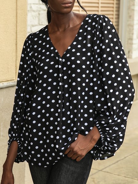 

Casual Polka Dots V Neck Long Sleeve Top, Black, Blouses and Shirts
