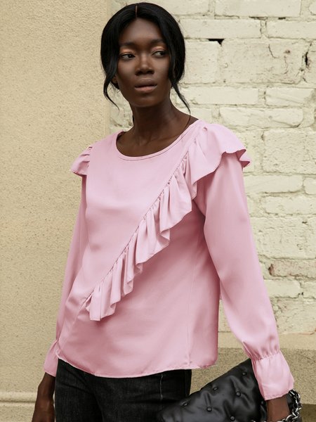 

Crew Neck Long Sleeve Vintage Top, Pink, Blouses and Shirts