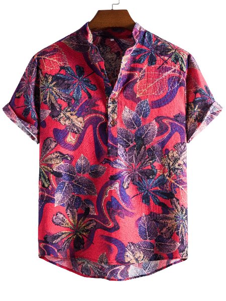 

Men's National Style Short Sleeve Casual Loose Shirt, Peach, Men's shirts