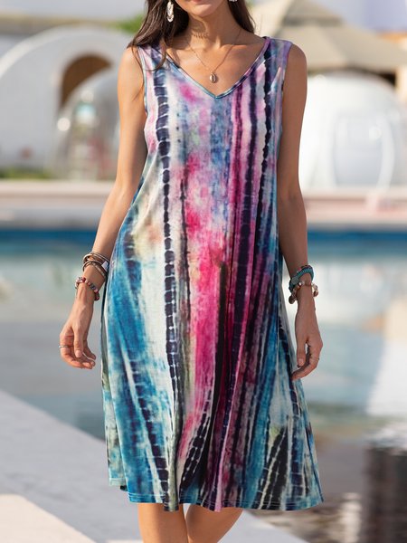 

Crew Neck Printed Casual Sleeveless Weaving Dress, Purple, Casual Dresses