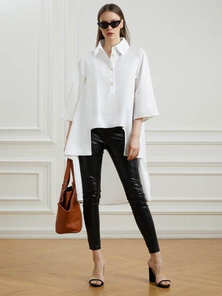 

Loosen Shirt Collar Plain Statement Top, White, Tops