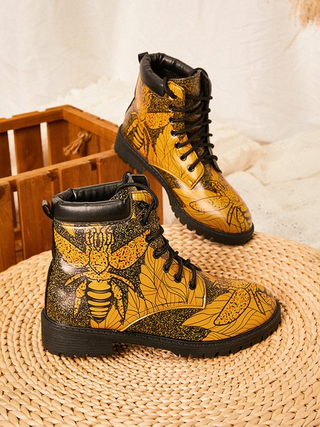 

Casual Bee Leaf Print Martin Boots, As picture, Boots