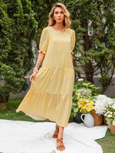 

Plaid Holiday Shift Short Sleeve Weaving Dress, Yellow, Dresses