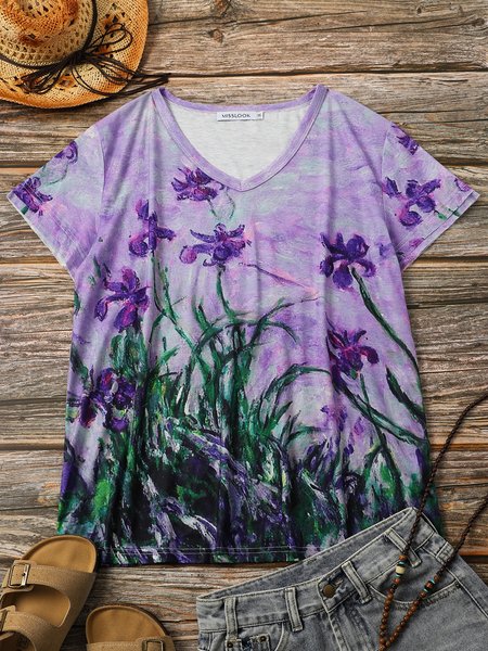 

Floral Shift Casual V Neck T-shirt, As picture, T-Shirts