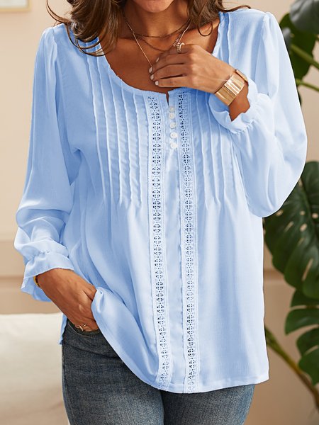 

Long Sleeve Shift Plain V Neck Tops, Light blue, Blouses & Shirts