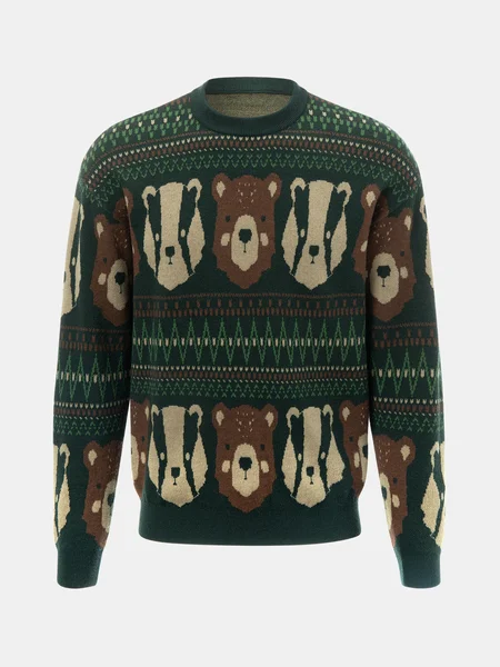 

Cotton Animal Casual Long Sleeve Sweater, Green, Men's Sweater