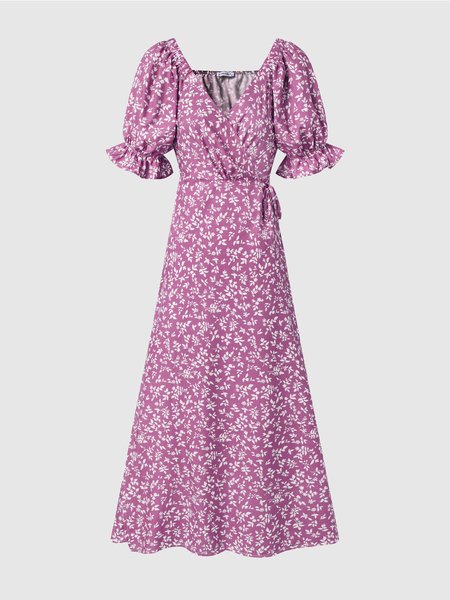 

Puff Sleeve Elegant Cross Front Dress, Purple, Maxi Dresses