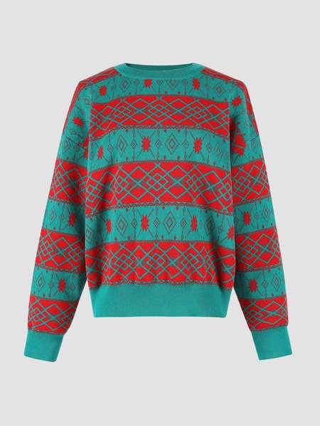 

Casual Household Daily Vintage Cotton Blends Crew Neck Sweater, Green, Sweaters