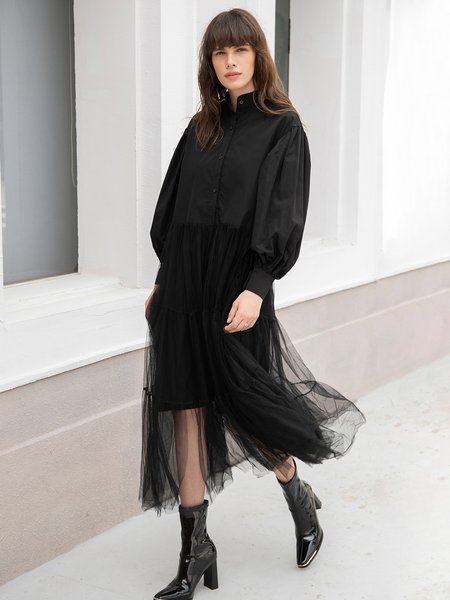 

Stand Collar Solid A-Line Elegant Dress, Black, Maxi Dresses