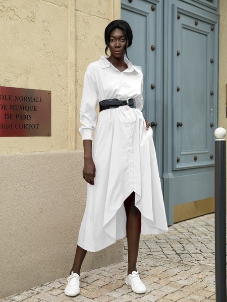 

A-Line Long Sleeve Daily Midi Dress, White, Midi Dresses