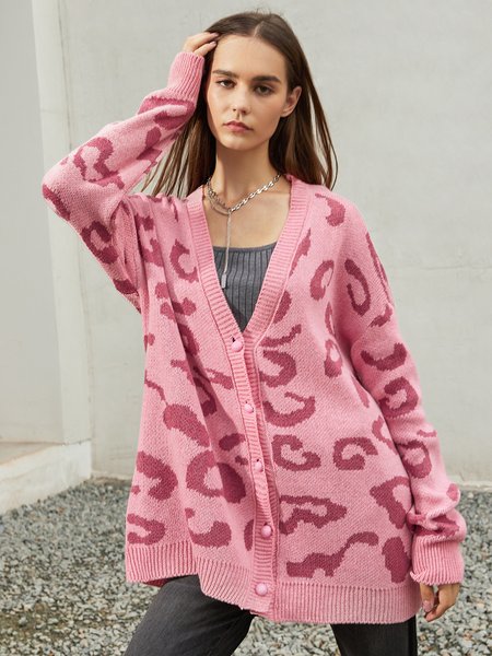

Casual Leopard Long Sleeve Cardigans, As picture, Cardigans