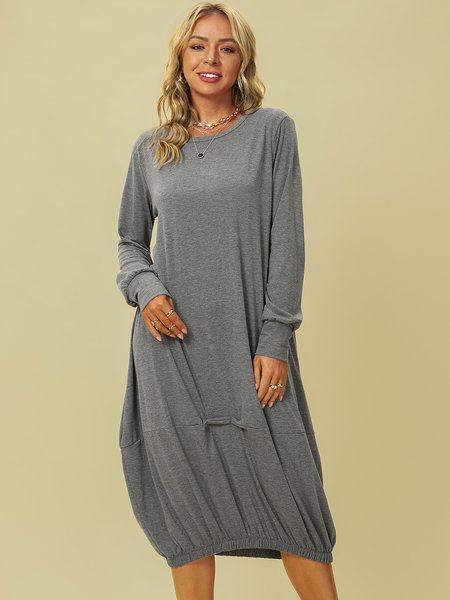 

Long Sleeve Casual Crew Neck Dresses, Deep gray, Midi Dresses