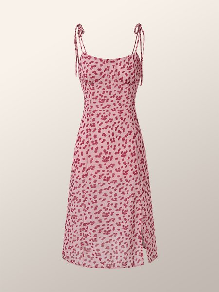 

French retro floral lace-up tube top suspender dress Slim slim and thin split dress, As picture, Maxi Dresses