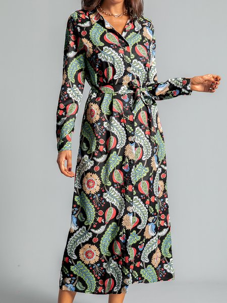 

shirt collar floral holiday dresses, Black, Midi Dresses