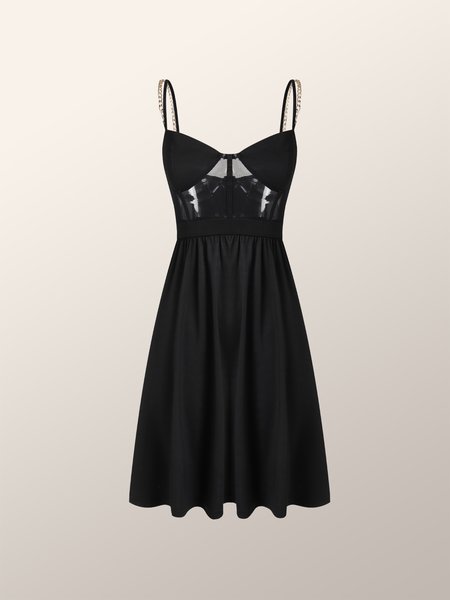 

Elegant Patchwork Chain Strap Fitted Dress, Black, Mini Dresses