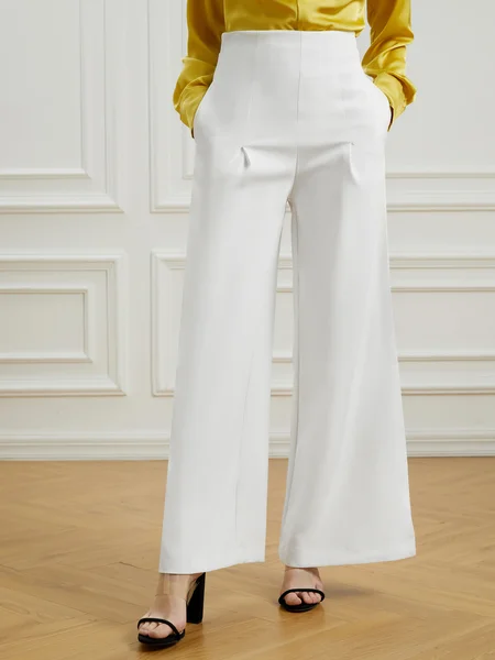 

Elegant Regular Fit Work Solid Pants, White, Bottoms