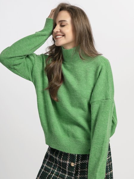 

High Neck Loosen Casual Sweater, Green, Tops